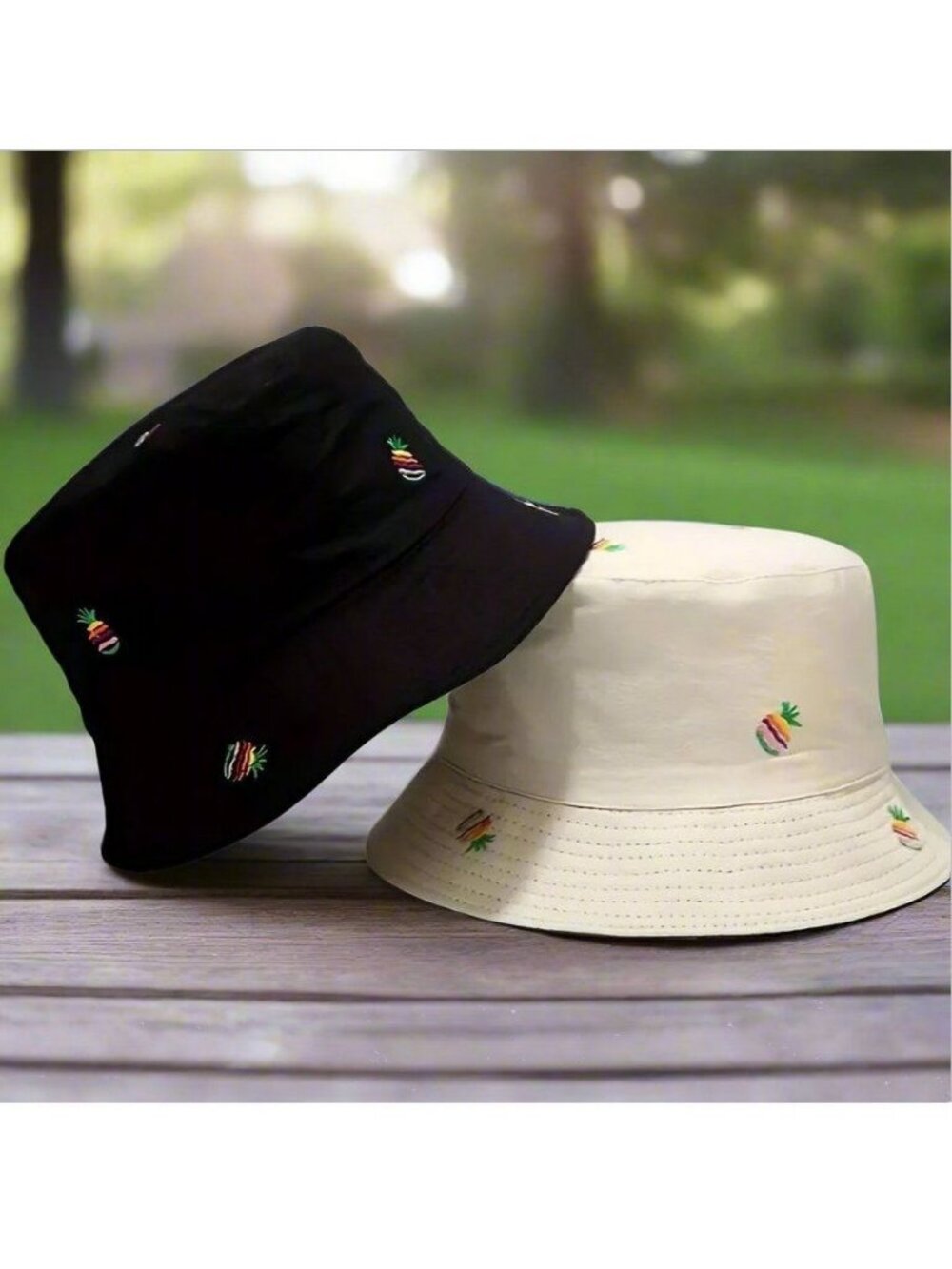 Everlynn Pineapple Embroidered Reversible Bucket Hat Tan Black Gift Packaged